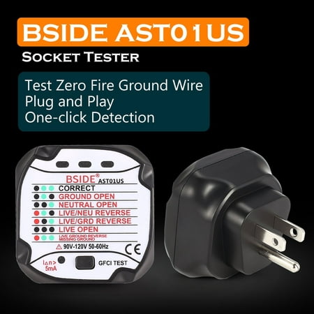 BSIDE AST01US Socket Tester GFCI Outlet Tester Automatic Electric Power Circuit Polarity Voltage Detector Wall Plug Breaker Finder Leakage Test 